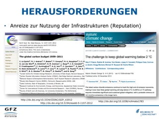 HERAUSFORDERUNGEN
•  Anreize zur Nutzung der Infrastrukturen (Reputation)

http://dx.doi.org/10.3334/CDIAC/GCP_V2012
http://dx.doi.org/10.5194/essdd-5-1107-2012

http://dx.doi.org/10.1038/nclimate1783

 