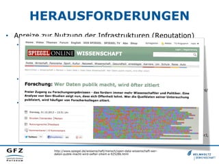 HERAUSFORDERUNGEN
•  Anreize zur Nutzung der Infrastrukturen (Reputation)
•  Astrophysik
• 

Henneken, E. A., & Accomazzi, A. (2011). Linking to Data - Effect on Citation Rates in
Astronomy. Digital Libraries; Instrumentation and Methods for Astrophysics. Retrieved from
http://arxiv.org/abs/1111.3618v1

• 

Dorch, B. (2012). On the Citation Advantage of linking to data: Astrophysics. Retrieved from
http://hprints.org/hprints-00714715/

•  Geowissenschaften
• 

Sears, J. R. (2012). Data Sharing Effect on Article Citation Rate in Paleoceanography.
IN53B-1628. AGU Fall Meeting 2011. Retrieved from http://static.coreapps.net/agu2011/html/
IN53B-1628.html

•  Biomedizin
• 

Piwowar, H. A., Day, R. S., & Fridsma, D. B. (2007). Sharing Detailed Research Data Is
Associated with Increased Citation Rate. PLoS ONE, 2(3), e308. doi:10.1371/journal.pone.
0000308

• 

Botstein, D. (2010). It’s the data! Molecular Biology of the Cell, 21(1), 4–6. doi:10.1091/
mbc.E09-07-0575

• 

Piwowar, H. A., & Vision, T. J. (2013). Data reuse and the open data citation advantage. PeerJ,
1, e175. doi:10.7717/peerj.175
http://www.spiegel.de/wissenschaft/mensch/open-data-wissenschaft-werdaten-publik-macht-wird-oefter-zitiert-a-925286.html

 
