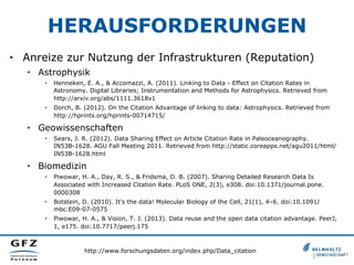 HERAUSFORDERUNGEN
•  Anreize zur Nutzung der Infrastrukturen (Reputation)
•  Astrophysik
• 

Henneken, E. A., & Accomazzi, A. (2011). Linking to Data - Effect on Citation Rates in
Astronomy. Digital Libraries; Instrumentation and Methods for Astrophysics. Retrieved from
http://arxiv.org/abs/1111.3618v1

• 

Dorch, B. (2012). On the Citation Advantage of linking to data: Astrophysics. Retrieved from
http://hprints.org/hprints-00714715/

•  Geowissenschaften
• 

Sears, J. R. (2012). Data Sharing Effect on Article Citation Rate in Paleoceanography.
IN53B-1628. AGU Fall Meeting 2011. Retrieved from http://static.coreapps.net/agu2011/html/
IN53B-1628.html

•  Biomedizin
• 

Piwowar, H. A., Day, R. S., & Fridsma, D. B. (2007). Sharing Detailed Research Data Is
Associated with Increased Citation Rate. PLoS ONE, 2(3), e308. doi:10.1371/journal.pone.
0000308

• 

Botstein, D. (2010). It’s the data! Molecular Biology of the Cell, 21(1), 4–6. doi:10.1091/
mbc.E09-07-0575

• 

Piwowar, H. A., & Vision, T. J. (2013). Data reuse and the open data citation advantage. PeerJ,
1, e175. doi:10.7717/peerj.175

http://www.forschungsdaten.org/index.php/Data_citation

 