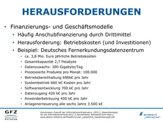 HERAUSFORDERUNGEN
•  Finanzierungs- und Geschäftsmodelle
•  Häufig Anschubfinanzierung durch Drittmittel
•  Herausforderung: Betriebskosten (und Investitionen)
•  Beispiel: Deutsches Fernerkundungsdatenzentrum
•  ca. 3,8 Mio. Euro jährliche Betriebskosten
•  Gesamtkapazität 2,7 Petabyte
•  Datenzuwachs: 300 Gigabyte/Tag
•  Prozessierte Produkte pro Monat: 100.000
•  Betriebsbereithaltung 690k€ pro Jahr
•  Systembetrieb 660 k€ Kosten pro Jahr
•  Softwareentwicklung 700 k€ pro Jahr
•  Datenzugang 420 k€ pro Jahr
•  Anwenderbetreuung 400 k€ pro Jahr
•  Anlagenerneuerung alle sechs Jahre 3.500 k€
Kommission Zukunft der Informationsinfrastruktur. (2011). Gesamtkonzept
für die Informationsinfrastruktur in Deutschland. Retrieved from http://
www.allianz-initiative.de/fileadmin/user_upload/KII_Gesamtkonzept.pdf

 