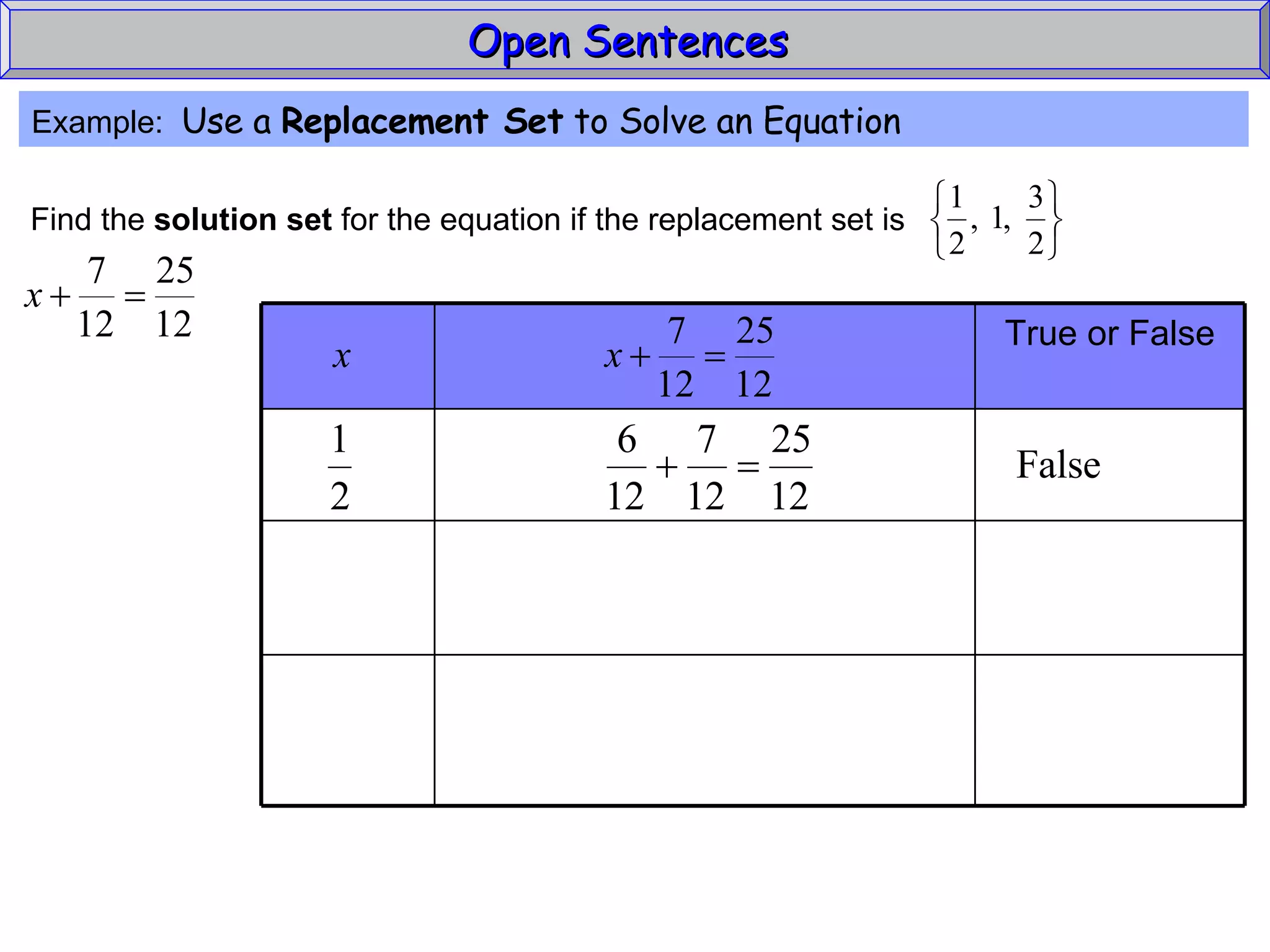 Open Sentences  Example:  Use a  Replacement Set  to Solve an Equation Find the  solution set  for the equation if the replacement set is True or False 