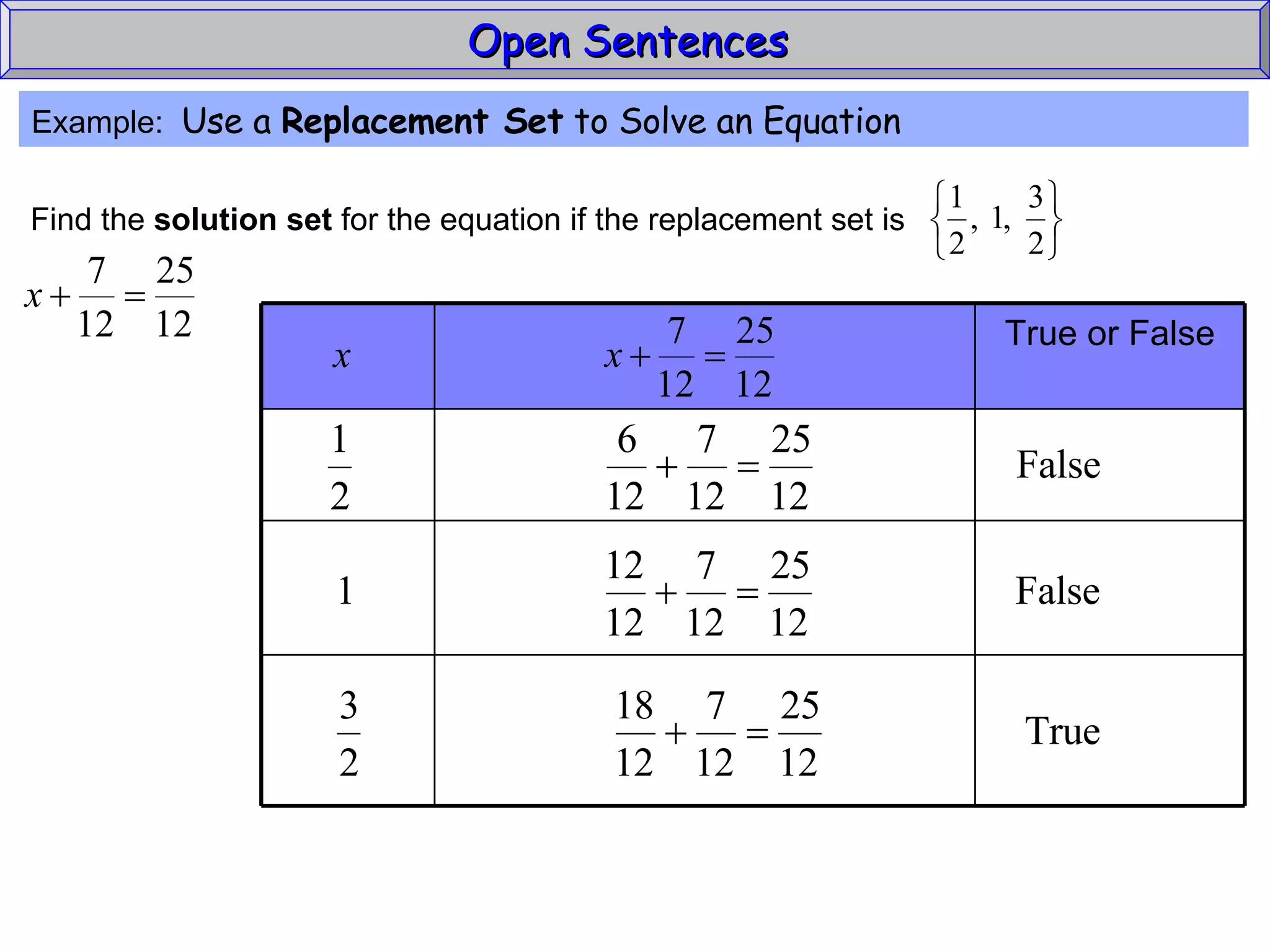 Open Sentences  Example:  Use a  Replacement Set  to Solve an Equation Find the  solution set  for the equation if the replacement set is True or False 