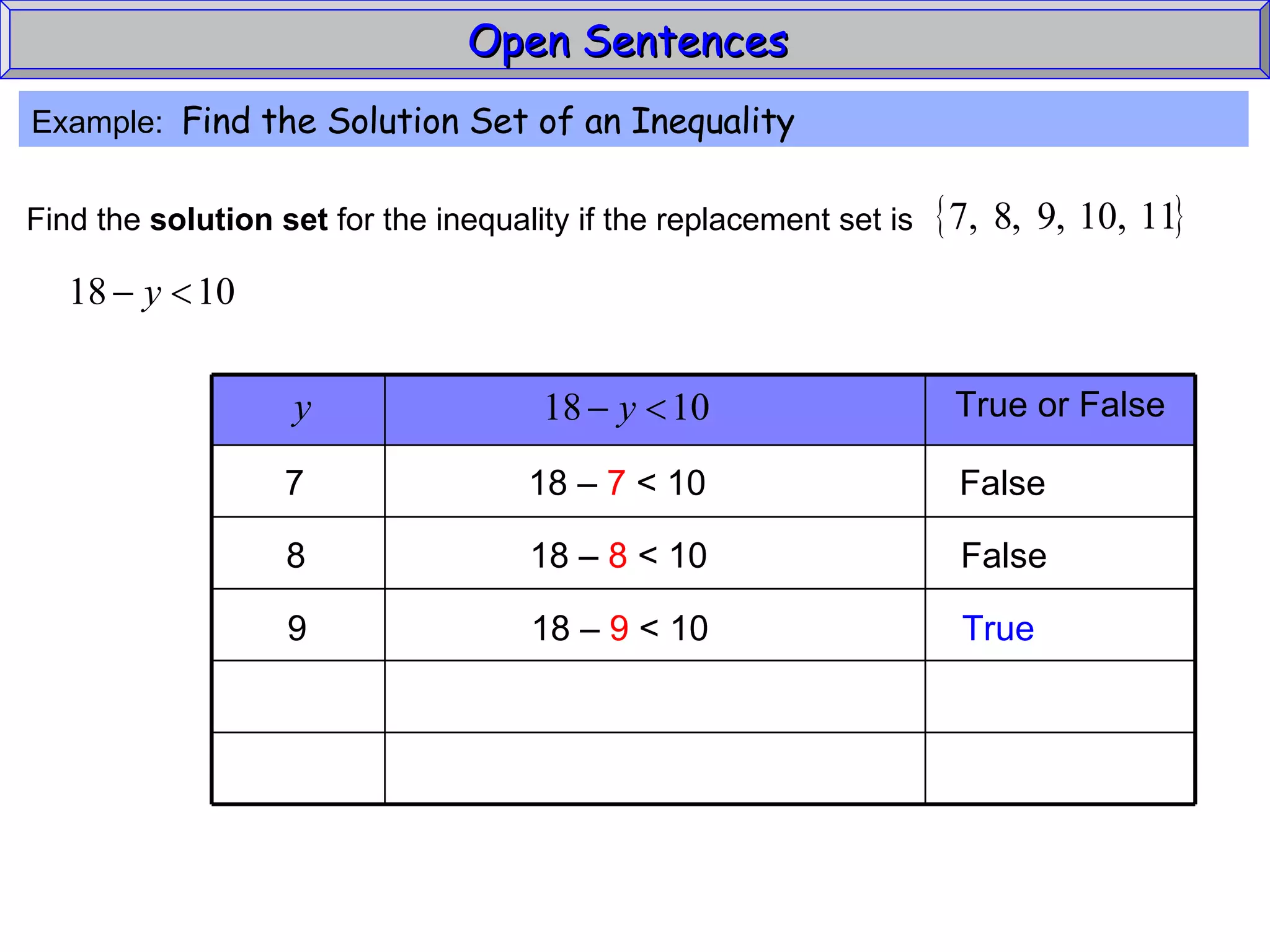 Open Sentences  Example:  Find the Solution Set of an Inequality 7  18 –  7  < 10  False 8  18 –  8  < 10  False 9  18 –  9  < 10  True True or False Find the  solution set  for the inequality if the replacement set is 