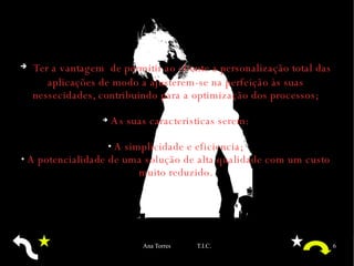 Ter a vantagem  de permitir ao cliente a personalização total das aplicações de modo a ajusterem-se na perfeição às suas nessecidades, contribuindo para a optimização dos processos; As suas caracteristicas serem: A simplicidade e eficiencia; A potencialidade de uma solução de alta qualidade com um custo muito reduzido. 