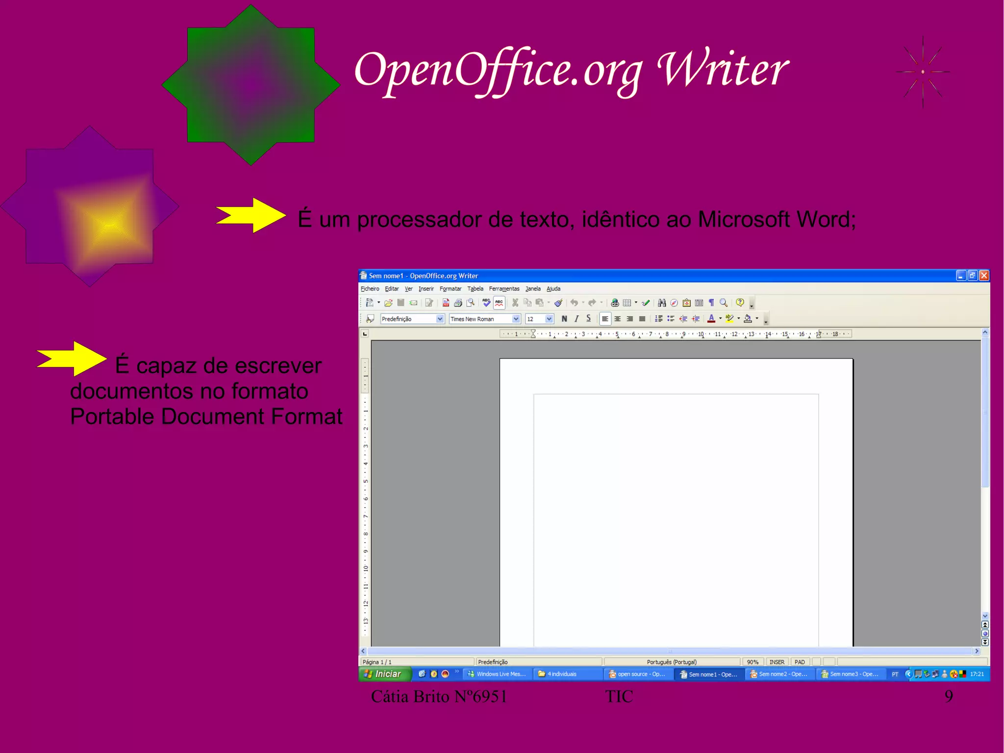 OpenOffice.org Writer É um processador de texto, idêntico ao Microsoft Word; É capaz de escrever documentos no formato Portable Document Format 