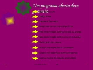 Um programa aberto deve garantir: Distribuição Livre Código Fonte Trabalhos Derivados Integridade do autor do código fonte Não discriminação contra pessoas ou grupos Não discriminação contra áreas de actuação Distribuição da Licença Licença não especifica à um produto Licença não restrinja a outros programas Licença neutra em relação a tecnologia 