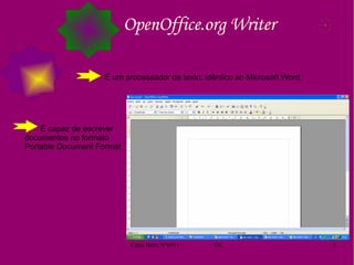 OpenOffice.org Writer É um processador de texto, idêntico ao Microsoft Word; É capaz de escrever documentos no formato Portable Document Format 