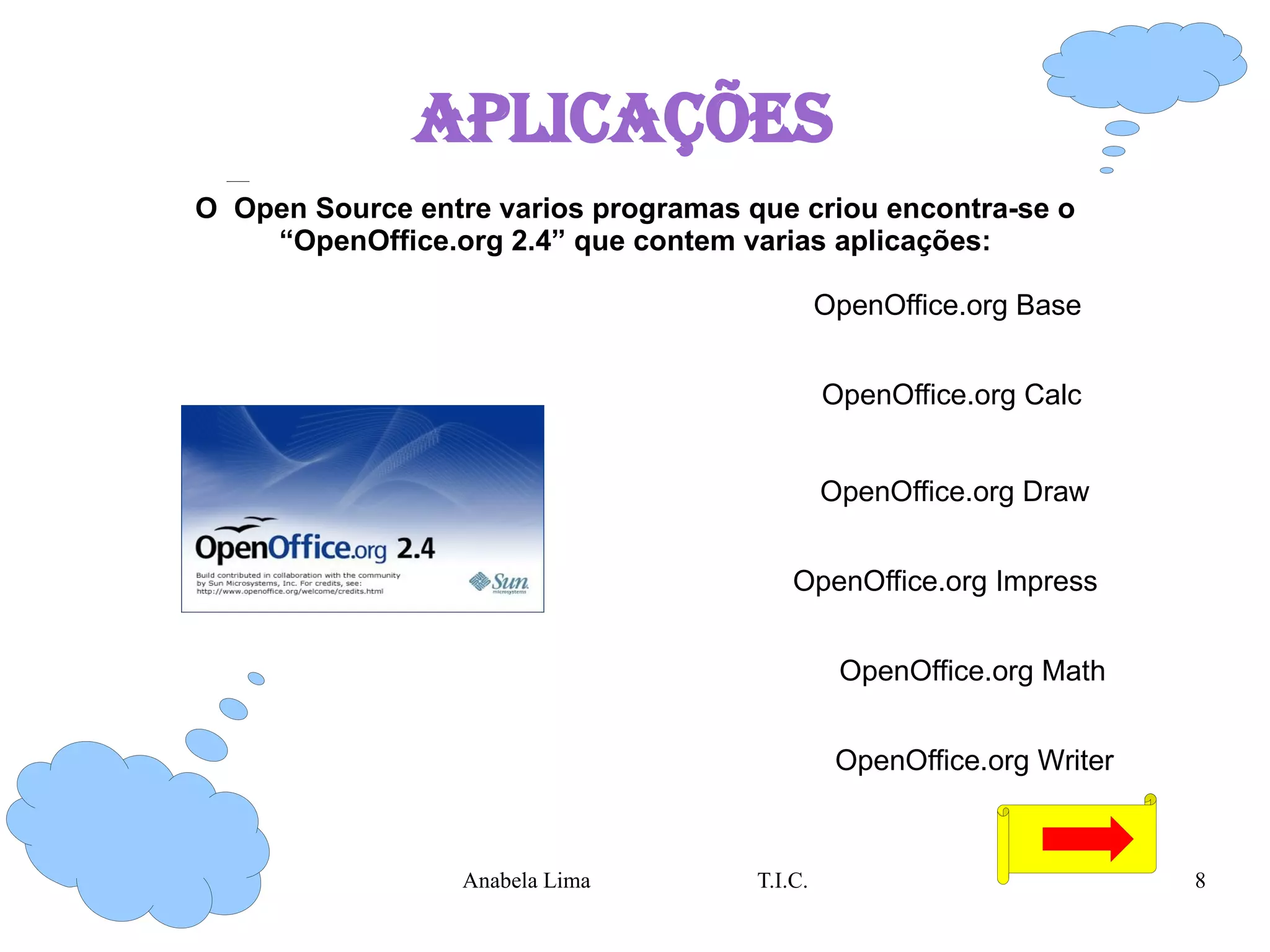 APLICAÇÕES O  Open Source entre varios programas que criou encontra-se o  “ OpenOffice.org 2.4” que contem varias aplicações:  OpenOffice.org Base  OpenOffice.org Calc  OpenOffice.org Draw  OpenOffice.org Impress  OpenOffice.org Math  OpenOffice.org Writer  