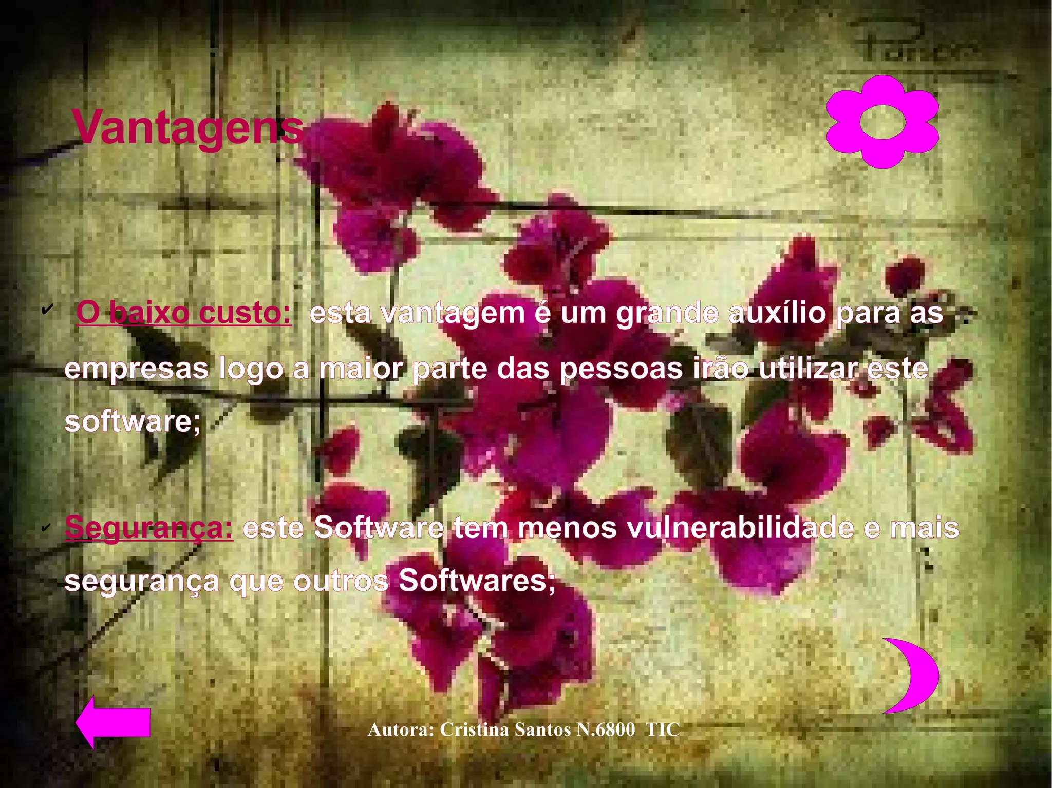 Vantagens  O baixo custo:   esta vantagem é um grande auxílio para as empresas logo a maior parte das pessoas irão utilizar este software;  Segurança:  este Software tem menos vulnerabilidade e mais segurança que outros Softwares;  