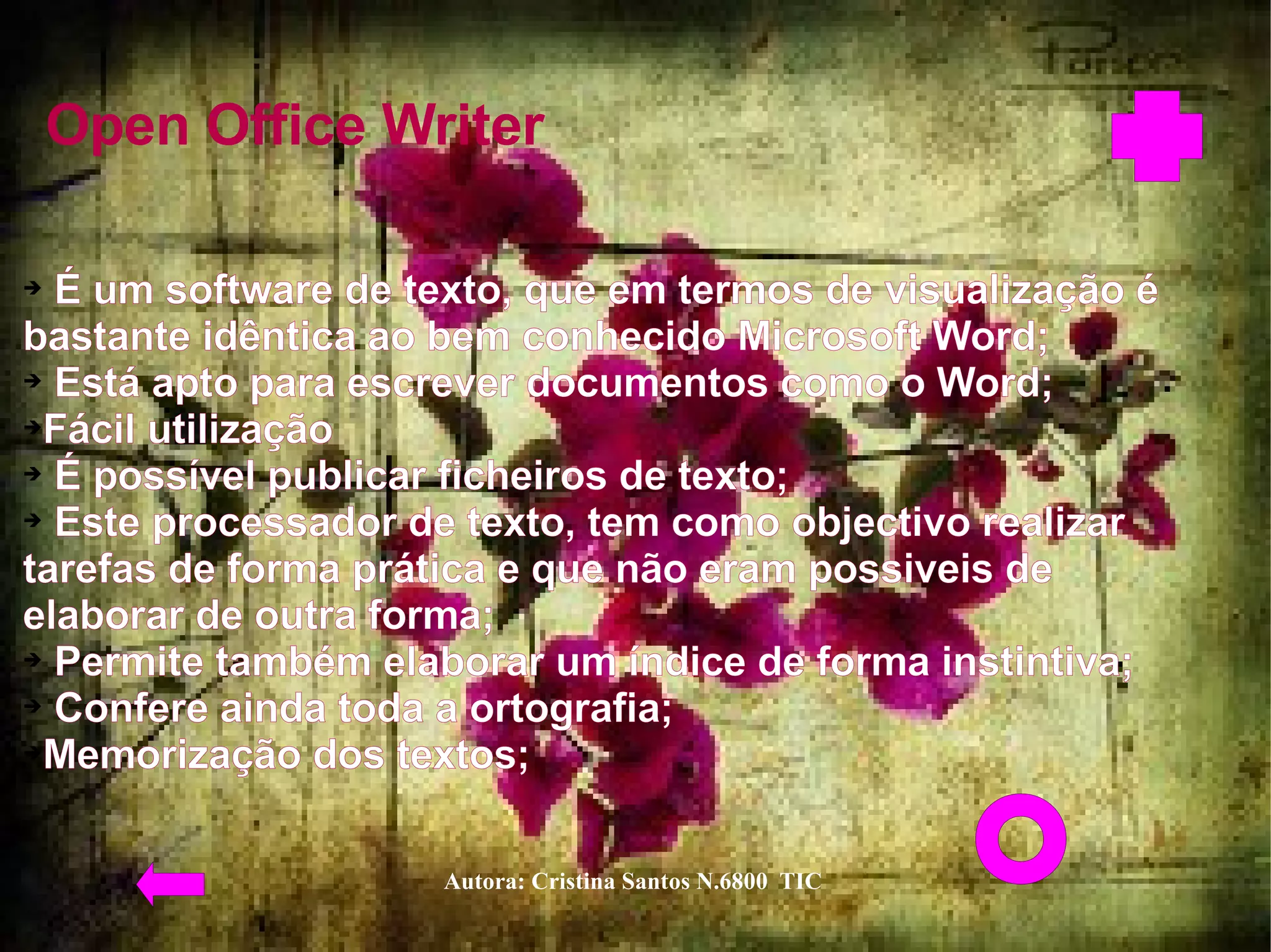 Open Office Writer   É um software de texto, que em termos de visualização é bastante idêntica ao bem conhecido Microsoft Word;  Está apto para escrever documentos como o Word;  Fácil utilização  É possível publicar ficheiros de texto;  Este processador de texto, tem como objectivo realizar tarefas de forma prática e que não eram possiveis de elaborar de outra forma;  Permite também elaborar um índice de forma instintiva;  Confere ainda toda a ortografia;  Memorização dos textos;  