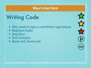 Ways to Contribute
Writing Code
• May need to sign a contributor agreement
• Beginner tasks
• Bug fixes
• New features
• B...