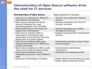 Characteristics of Open Source software drive the need for IT services Characteristics of Open Source Open Source landscape is difficult to comprehend and navigate Open Source software cannot be acquired following the usual purchasing pattern (e.g. RFI/RFP) OSS project focus on functions not support and maintenance Open Source software often is consumed as components and assembled to new solutions that lack single point of contact support Open Source software often gets released frequently and in difficult to predict time scales Open Source projects are often purely virtual and cannot be present locally Open Source software can be integrated and used in many different ways High pace of technology innovation Need created for IT services Solution and component selection services Software evaluation and “Proof of Concept” services Solution packaging and release management services Support and application management services Professional umbrella on top of Open Source projects Local presence and delivery mechanisms Integration and testing services Expert advise and consulting services Expert capacity sharing services 