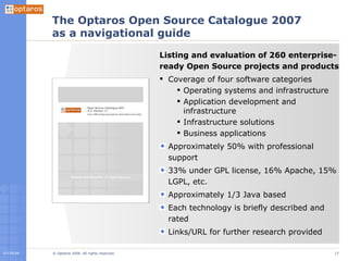 The Optaros Open Source Catalogue 2007 as a navigational guide Listing and evaluation of 260 enterprise- ready Open Source projects and products Coverage of four software categories Operating systems and infrastructure Application development and infrastructure Infrastructure solutions Business applications Approximately 50% with professional support 33% under GPL license, 16% Apache, 15% LGPL, etc. Approximately 1/3 Java based Each technology is briefly described and rated Links/URL for further research provided 