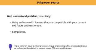 Well understood problem, essentially:
• Using software with licenses that are compatible with your current
and future business model.
• Compliance.
Using open source
Tip: a common issue is missing licenses. Equip engineering with a process (and issue
or pull request templates) to request proper OSI-approved licenses.
 