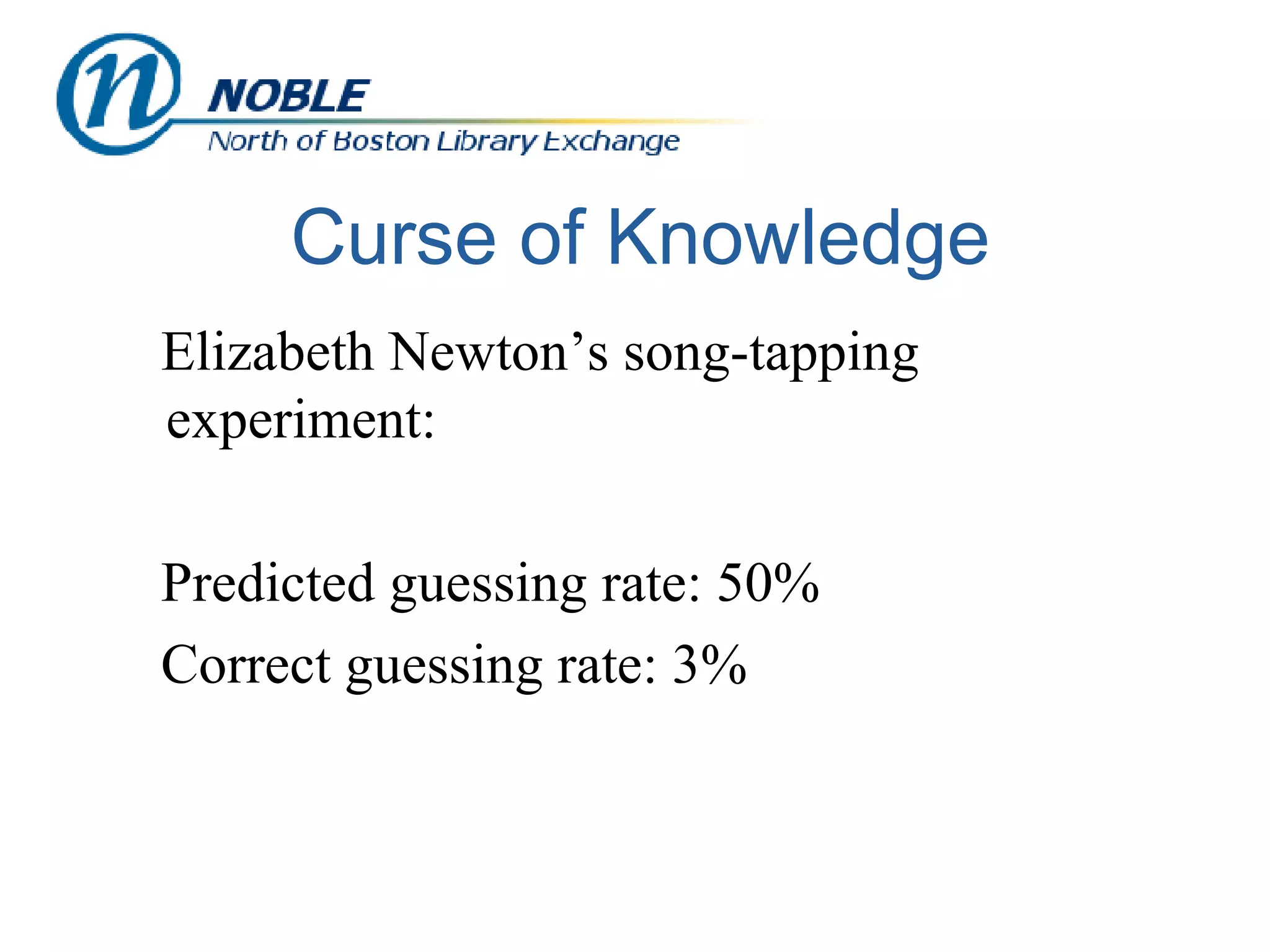 Curse of Knowledge Elizabeth Newton’s song-tapping experiment: Predicted guessing rate: 50% Correct guessing rate: 3% 