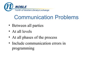 Communication Problems Between all parties At all levels At all phases of the process Include communication errors in programming  