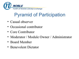 Pyramid of Participation Casual observer Occasional contributor Core Contributor Moderator / Module Owner / Administrator Board Member Benevolent Dictator 