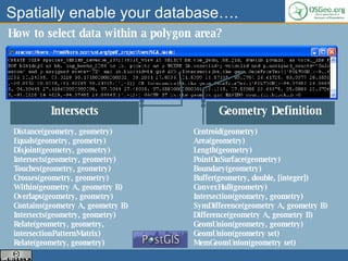 Spatially enable your database…. How to select data within a polygon area?  Intersects Geometry Definition Distance(geometry, geometry) Equals(geometry, geometry) Disjoint(geometry, geometry) Intersects(geometry, geometry) Touches(geometry, geometry) Crosses(geometry, geometry) Within(geometry A, geometry B) Overlaps(geometry, geometry) Contains(geometry A, geometry B) Intersects(geometry, geometry) Relate(geometry, geometry, intersectionPatternMatrix) Relate(geometry, geometry) Centroid(geometry) Area(geometry) Length(geometry) PointOnSurface(geometry) Boundary(geometry) Buffer(geometry, double, [integer]) ConvexHull(geometry) Intersection(geometry, geometry) SymDifference(geometry A, geometry B) Difference(geometry A, geometry B) GeomUnion(geometry, geometry) GeomUnion(geometry set) MemGeomUnion(geometry set) 