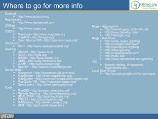 Where to go for more info Ecotrust http://www.ecotrust.org Reprojected http://www.reprojected.com OSGeo http://www.osgeo.org OSGIS Maptools - http://www.maptools.org FreeGIS - http://freegis.org/ Open Source GIS - http://opensourcegis.org/ Standards OGC - http://www.opengeospatial.org/ Desktop GRASS - http://grass.itc.it/ QGIS - http://qgis.org/ OSSIM - http://www.ossim.org/ UDIG - http://udig.refractions.net/ JUMP – http://jump-project.org/ OpenEV - http://openev.sourceforge.net/ Server/Web Mapserver - http://mapserver.gis.umn.edu/ MapBender - http://www.mapbender.org MapBuilder - http://communitymapbuilder.osgeo.org/ MapGuide OS – http://mapguide.osgeo.org/ OpenLayers - http://www.openlayers.org/ Tools PostGIS - http://postgis.refractions.net/ Remote Sensing - http://remotesensing.org/ GDAL/OGR - http://gdal.maptools.org/ PROJ.4 - http://proj.maptools.org/ R-Statistics - http://www.r-project.org/ GMT - http://gmt.soest.hawaii.edu/  Blogs - Aggregators http://planetosgeo.crschmidt.net/ http://www.planetgs.com/ http://slashgeo.org/ Blogs - Individual http://www.osgeo.org/blog http://zcologia.com/news/ http://openlayers.org/blog http://blog.qgis.org/ http://mappinghacks.com/ http://hobu.biz/ http://www.reprojected.com/geoblog IRC #osgeo, #grass, #mapserver, #openlayers, etc… Local User Group http://groups.google.com/group/cugos 