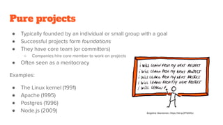 Pure projects
● Typically founded by an individual or small group with a goal
● Successful projects form foundations
● They have core team (or committers)
○ Companies hire core member to work on projects
● Often seen as a meritocracy
Examples:
● The Linux kernel (1991)
● Apache (1995)
● Postgres (1996)
● Node.js (2009) Angeline Veeneman, https://bit.ly/2P3dVGJ
 