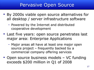 Pervasive Open Source By 2000s viable open source alternatives for all desktop / server infrastructure software Powered by the Internet and distributed cooperative development Last five years: open source penetrates last major area: Enterprise Applications Major areas all have at least one major open source project – frequently backed by a commercial company offering services Open source business models – VC funding exceeds $200 million in Q1 of 2008 