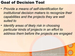 Goal of Decision Tool <ul><li>Provide a means of self-identification for institutional decision makers to recognize their ...