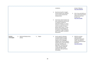 compliance.                               browser. Reference
                                                                                                              http://bit.ly/fQ2hXH

                                                                •   Recently during 2011, Google’s
                                                                    Chrome browser was measured           •   2011 IE has only 38.9% user
                                                                    to be on track to become the              share, trends show Chrome
                                                                    leading browser.                          will become dominant
                                                                                                              browser soon.
                                                                                                              http://bit.ly/rqnlQj
                                                                •   Historically, Internet Explorer has
                                                                    been considered by many not be
                                                                    as standards compliant as
                                                                    alternative browsers. It’s use of
                                                                    ActiveX as a mechanism has led
                                                                    some to consider it to have a
                                                                    greater attack surface. It is best
                                                                    practice for web developers to
                                                                    test against a range of browsers,
                                                                    with IE-only support considered
                                                                    bad practice.



Assistive      •   NonVisual Desktop Access   •   Dragon        •   Screen reader for Windows,            •   NVDA has received
Technologies       (NVDA)                                           providing feedback through                significant global
                                                                    synthetic speech and Braille.             recognition and awards.
                                                                    Supports over 20 languages.               Yahoo! Uses NVDA for
                                                                    Integrates with Internet Explorer,        testing and demonstration.
                                                                    Outlook Express, Microsoft Word           References
                                                                    and Excel, LibreOffice and                http://bit.ly/fJKfhq
                                                                    OpenOffice, Thunderbird and
                                                                    Firefox. Protocols supported
                                                                    include WAI-ARIA for web
                                                                    applications, Microsoft Active
                                                                    Accessibility.




                                                           36
 