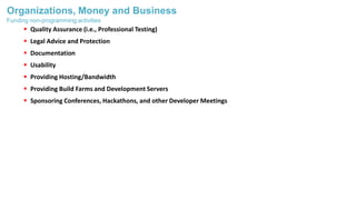 Organizations, Money and Business
 Quality Assurance (i.e., Professional Testing)
 Legal Advice and Protection
 Documentation
 Usability
 Providing Hosting/Bandwidth
 Providing Build Farms and Development Servers
 Sponsoring Conferences, Hackathons, and other Developer Meetings
Funding non-programming activities
 