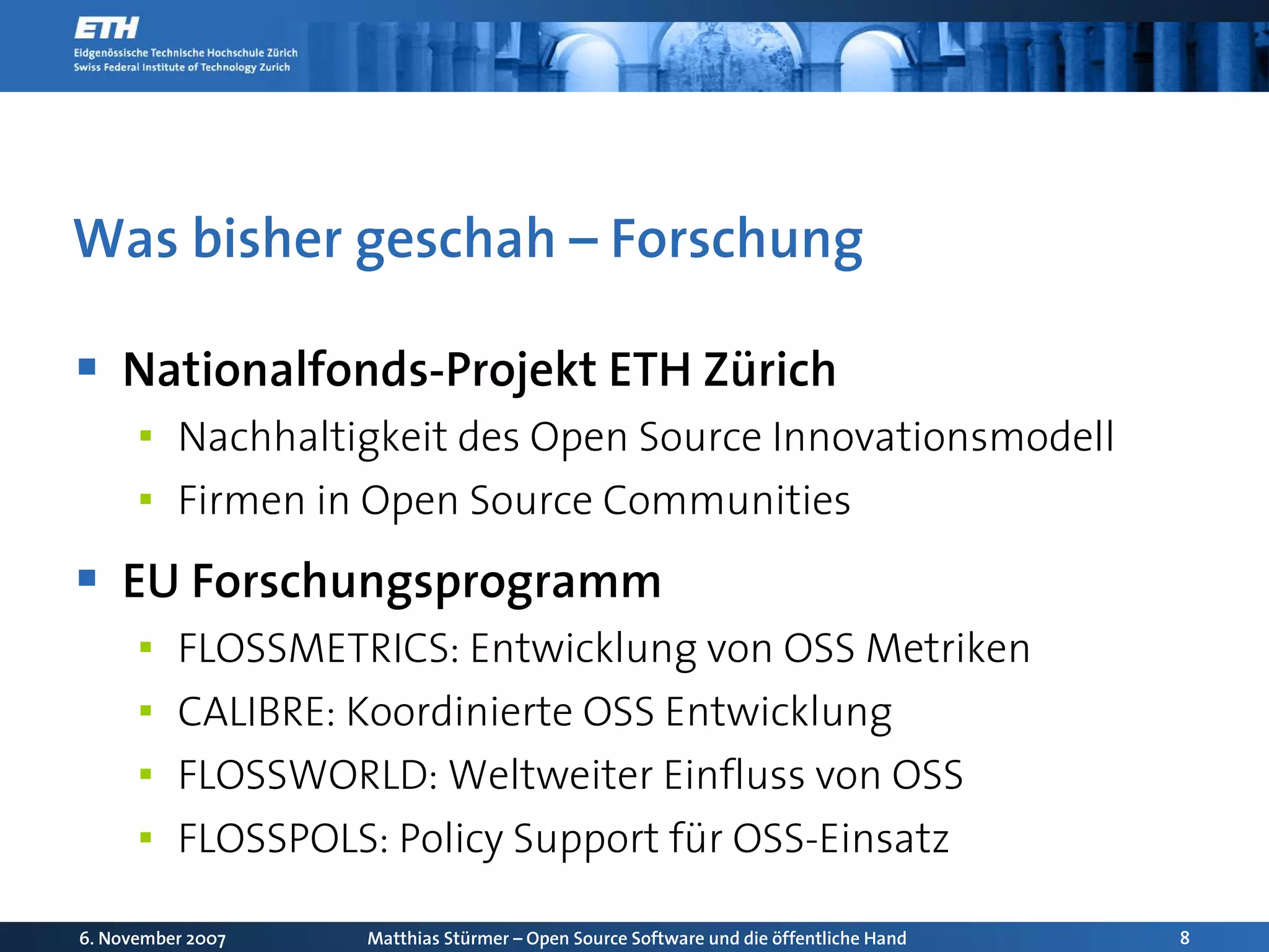 Open Source Software und die oeffentliche Hand: Chancen und Herausforderungen für die Schweiz