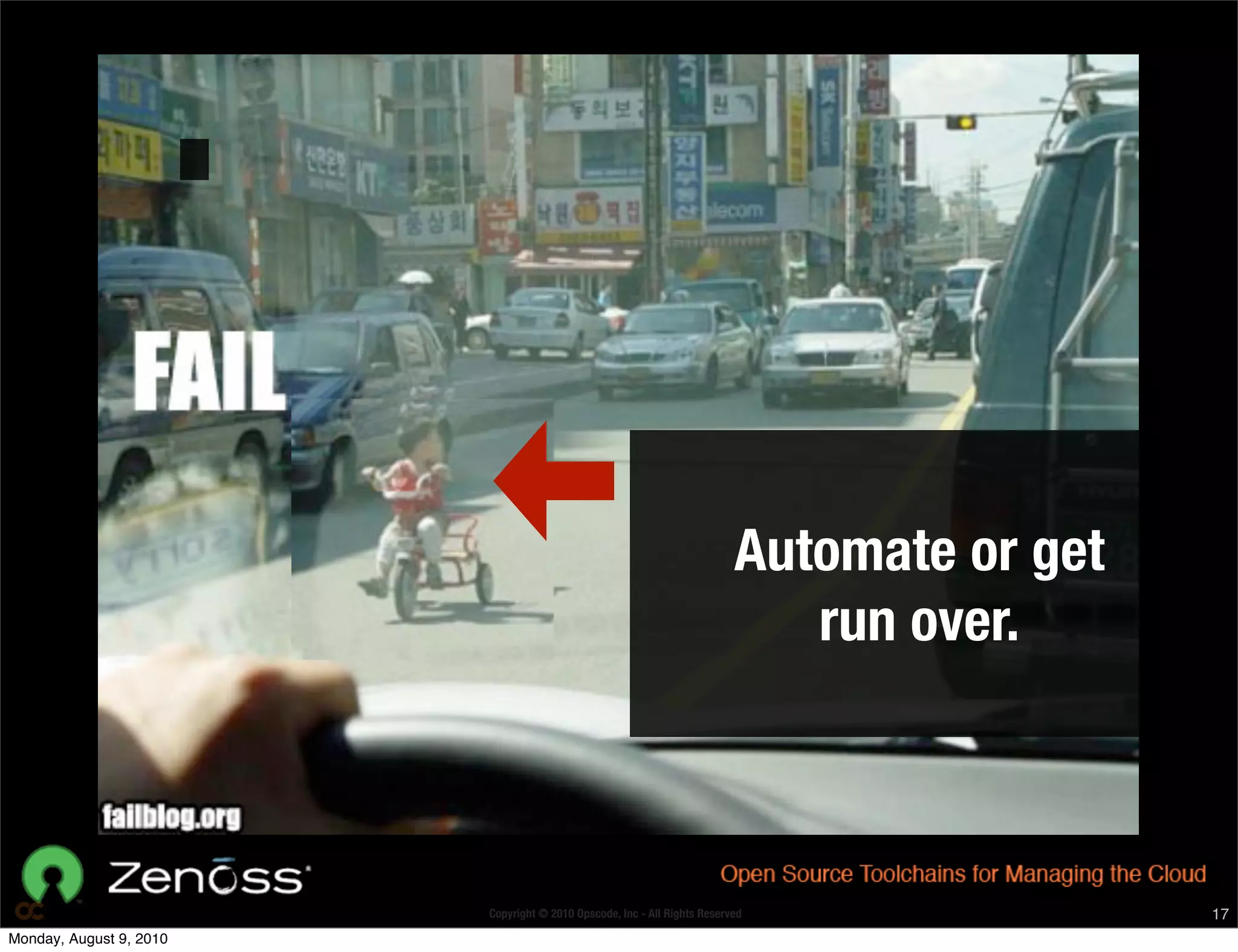 P




                                                                              Automate or get
                                                                                 run over.



                             Copyright © 2010 Opscode, Inc - All Rights Reserved                17
Monday, August 9, 2010
 