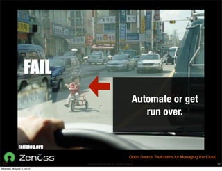 P




                                                                              Automate or get
                                                                                 run over.



                             Copyright © 2010 Opscode, Inc - All Rights Reserved                17
Monday, August 9, 2010
 