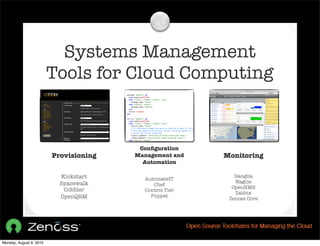 Systems Management
                         Tools for Cloud Computing


                                         Conﬁguration
                         Provisioning   Management and   Monitoring
                                          Automation

                           Kickstart                        Ganglia
                                          AutomateIT
                           Spacewalk                        Nagios
                                             Chef
                                                           OpenNMS
                            Cobbler       Control Tier
                                                            Zabbix
                           OpenQRM          Puppet
                                                          Zenoss Core




Monday, August 9, 2010
 