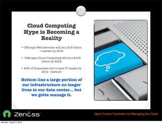 Cloud Computing
                         Hype is Becoming a
                              Reality
                    • UBS says Web Services will be a $15 billion
                                 + market by 2014

                    • IBM says Cloud Computing will be a $126
                                   billion by 2012

                    • 20% of Businesses won’t have IT Assets by
                                   2012 - Gartner

                     Bottom line a large portion of
                     our infrastructure no longer
                     lives in our data center... but
                          we gotta manage it.




Monday, August 9, 2010
 