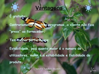 Vantagens É gratuito; Contrariamente a outros programas, o cliente não fica “preso” ao fornecedor; Tem melhor performance; Estabilidade, pois quanto maior é o numero de utilizadores, maior é a estabilidade e fiabilidade do produto. 