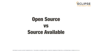 COPYRIGHT (C) 2023, ECLIPSE FOUNDATION, INC. | THIS WORK IS LICENSED UNDER A CREATIVE COMMONS ATTRIBUTION 4.0 INTERNATIONAL LICENSE (CC BY 4.0)
Open Source
vs
Source Available
 