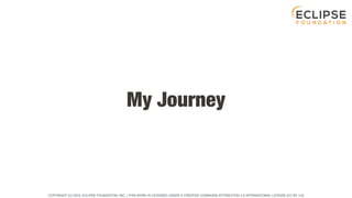 COPYRIGHT (C) 2023, ECLIPSE FOUNDATION, INC. | THIS WORK IS LICENSED UNDER A CREATIVE COMMONS ATTRIBUTION 4.0 INTERNATIONAL LICENSE (CC BY 4.0)
My Journey
 