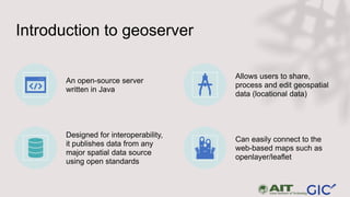 Introduction to geoserver
An open-source server
written in Java
Allows users to share,
process and edit geospatial
data (l...