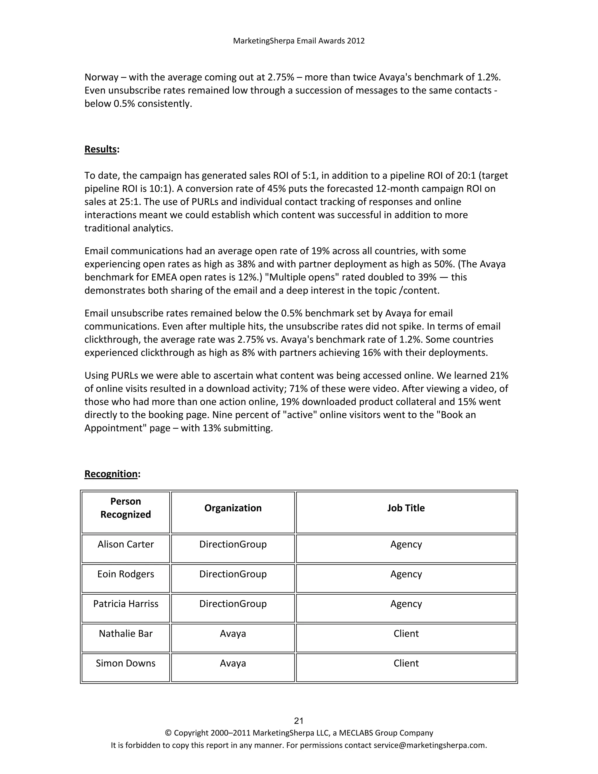 MarketingSherpa Email Awards 2012

Norway – with the average coming out at 2.75% – more than twice Avaya's benchmark of 1.2%.
Even unsubscribe rates remained low through a succession of messages to the same contacts below 0.5% consistently.

Results:
To date, the campaign has generated sales ROI of 5:1, in addition to a pipeline ROI of 20:1 (target
pipeline ROI is 10:1). A conversion rate of 45% puts the forecasted 12-month campaign ROI on
sales at 25:1. The use of PURLs and individual contact tracking of responses and online
interactions meant we could establish which content was successful in addition to more
traditional analytics.
Email communications had an average open rate of 19% across all countries, with some
experiencing open rates as high as 38% and with partner deployment as high as 50%. (The Avaya
benchmark for EMEA open rates is 12%.) "Multiple opens" rated doubled to 39% — this
demonstrates both sharing of the email and a deep interest in the topic /content.
Email unsubscribe rates remained below the 0.5% benchmark set by Avaya for email
communications. Even after multiple hits, the unsubscribe rates did not spike. In terms of email
clickthrough, the average rate was 2.75% vs. Avaya's benchmark rate of 1.2%. Some countries
experienced clickthrough as high as 8% with partners achieving 16% with their deployments.
Using PURLs we were able to ascertain what content was being accessed online. We learned 21%
of online visits resulted in a download activity; 71% of these were video. After viewing a video, of
those who had more than one action online, 19% downloaded product collateral and 15% went
directly to the booking page. Nine percent of "active" online visitors went to the "Book an
Appointment" page – with 13% submitting.

Recognition:
Person
Recognized

Organization

Job Title

Alison Carter

DirectionGroup

Agency

Eoin Rodgers

DirectionGroup

Agency

Patricia Harriss

DirectionGroup

Agency

Nathalie Bar

Avaya

Client

Simon Downs

Avaya

Client

21
© Copyright 2000–2011 MarketingSherpa LLC, a MECLABS Group Company
It is forbidden to copy this report in any manner. For permissions contact service@marketingsherpa.com.

 