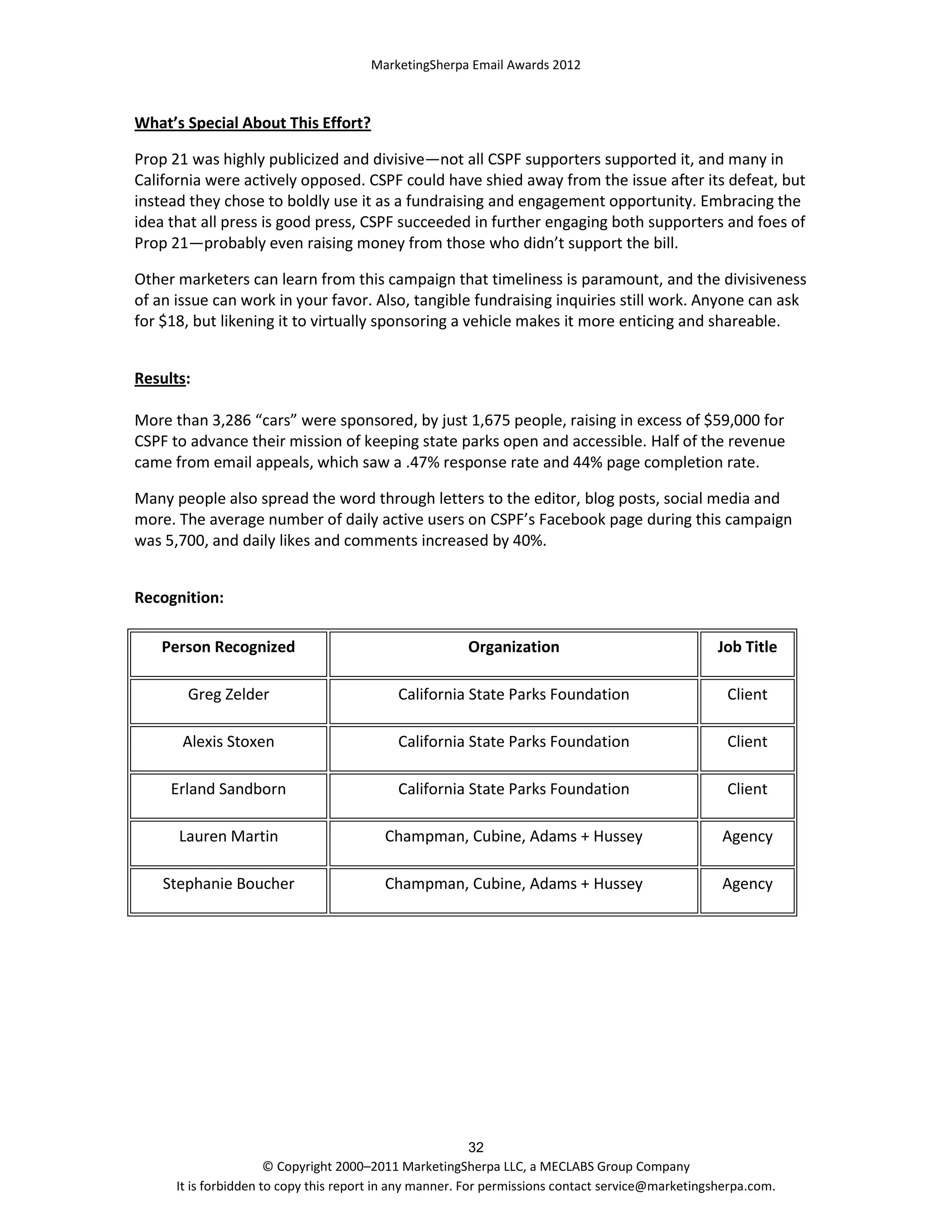 MarketingSherpa Email Awards 2012

What’s Special About This Effort?
Prop 21 was highly publicized and divisive—not all CSPF supporters supported it, and many in
California were actively opposed. CSPF could have shied away from the issue after its defeat, but
instead they chose to boldly use it as a fundraising and engagement opportunity. Embracing the
idea that all press is good press, CSPF succeeded in further engaging both supporters and foes of
Prop 21—probably even raising money from those who didn’t support the bill.
Other marketers can learn from this campaign that timeliness is paramount, and the divisiveness
of an issue can work in your favor. Also, tangible fundraising inquiries still work. Anyone can ask
for $18, but likening it to virtually sponsoring a vehicle makes it more enticing and shareable.
Results:
More than 3,286 “cars” were sponsored, by just 1,675 people, raising in excess of $59,000 for
CSPF to advance their mission of keeping state parks open and accessible. Half of the revenue
came from email appeals, which saw a .47% response rate and 44% page completion rate.
Many people also spread the word through letters to the editor, blog posts, social media and
more. The average number of daily active users on CSPF’s Facebook page during this campaign
was 5,700, and daily likes and comments increased by 40%.
Recognition:
Person Recognized

Organization

Job Title

Greg Zelder

California State Parks Foundation

Client

Alexis Stoxen

California State Parks Foundation

Client

Erland Sandborn

California State Parks Foundation

Client

Lauren Martin

Champman, Cubine, Adams + Hussey

Agency

Stephanie Boucher

Champman, Cubine, Adams + Hussey

Agency

32
© Copyright 2000–2011 MarketingSherpa LLC, a MECLABS Group Company
It is forbidden to copy this report in any manner. For permissions contact service@marketingsherpa.com.

 