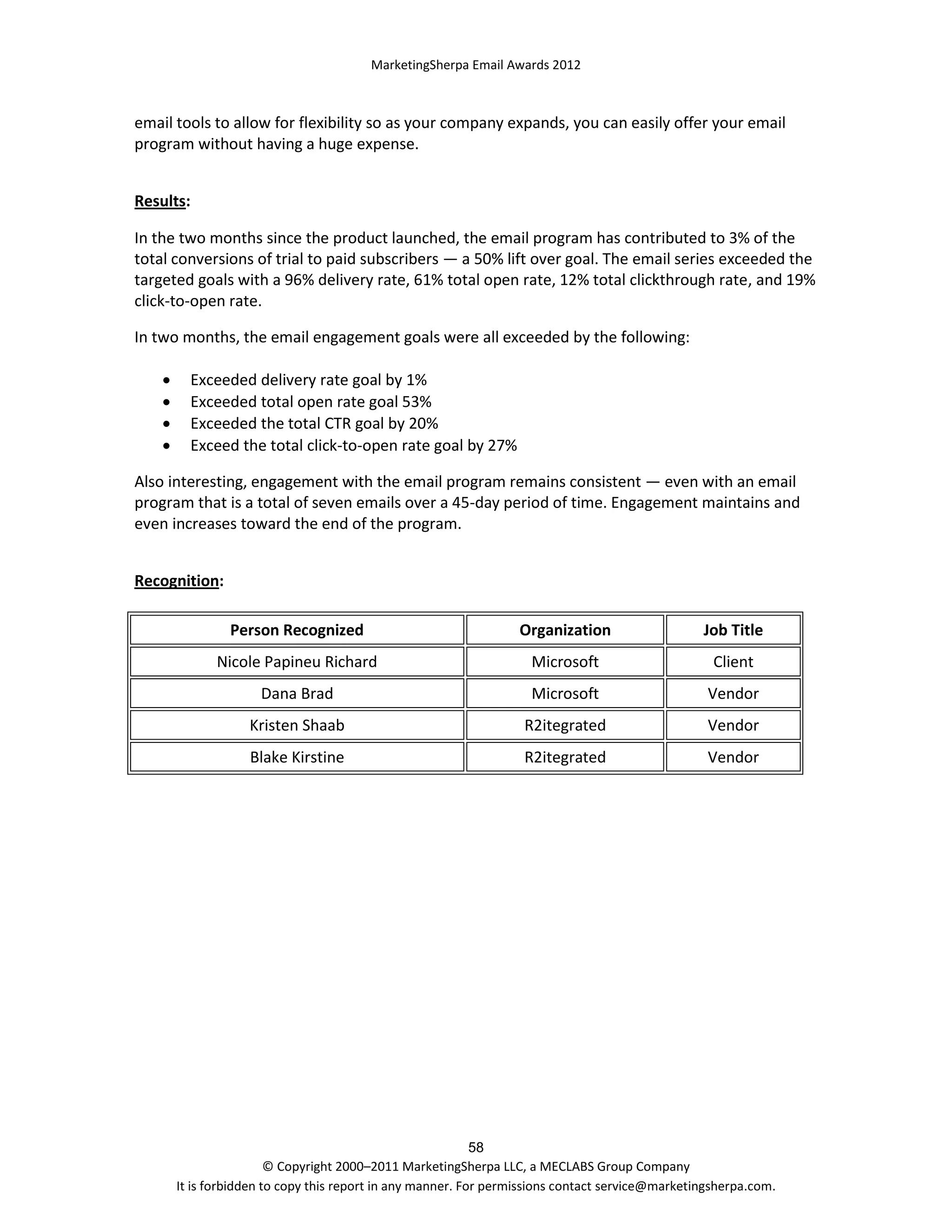MarketingSherpa Email Awards 2012

email tools to allow for flexibility so as your company expands, you can easily offer your email
program without having a huge expense.
Results:
In the two months since the product launched, the email program has contributed to 3% of the
total conversions of trial to paid subscribers — a 50% lift over goal. The email series exceeded the
targeted goals with a 96% delivery rate, 61% total open rate, 12% total clickthrough rate, and 19%
click-to-open rate.
In two months, the email engagement goals were all exceeded by the following:





Exceeded delivery rate goal by 1%
Exceeded total open rate goal 53%
Exceeded the total CTR goal by 20%
Exceed the total click-to-open rate goal by 27%

Also interesting, engagement with the email program remains consistent — even with an email
program that is a total of seven emails over a 45-day period of time. Engagement maintains and
even increases toward the end of the program.
Recognition:
Person Recognized

Organization

Job Title

Nicole Papineu Richard

Microsoft

Client

Dana Brad

Microsoft

Vendor

Kristen Shaab

R2itegrated

Vendor

Blake Kirstine

R2itegrated

Vendor

58
© Copyright 2000–2011 MarketingSherpa LLC, a MECLABS Group Company
It is forbidden to copy this report in any manner. For permissions contact service@marketingsherpa.com.

 