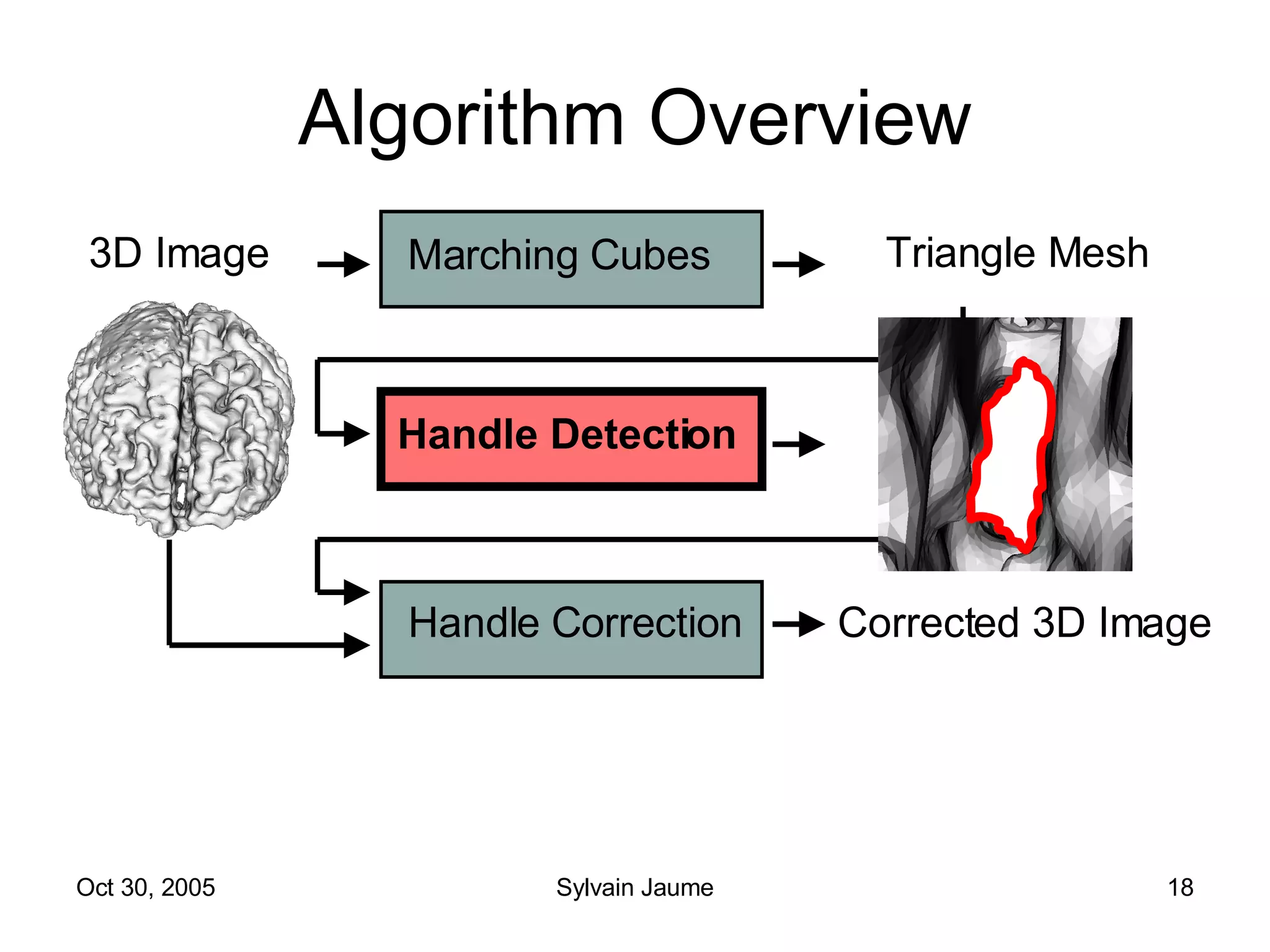 Algorithm Overview Marching Cubes Handle Detection Handle Correction 3D Image Triangle Mesh Polylines Corrected 3D Image 