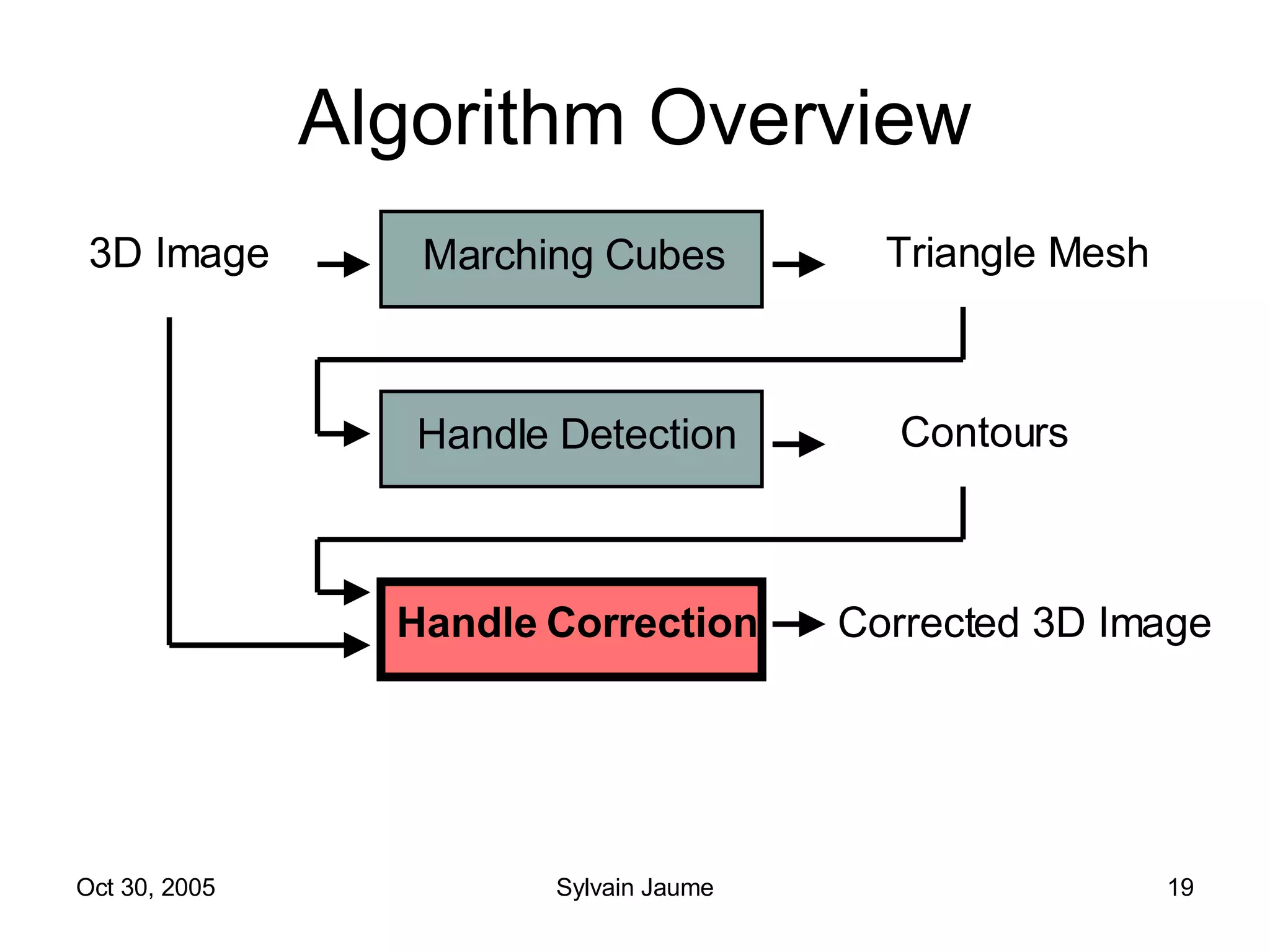 Algorithm Overview Marching Cubes Handle Detection Handle Correction 3D Image Triangle Mesh Contours Corrected 3D Image 