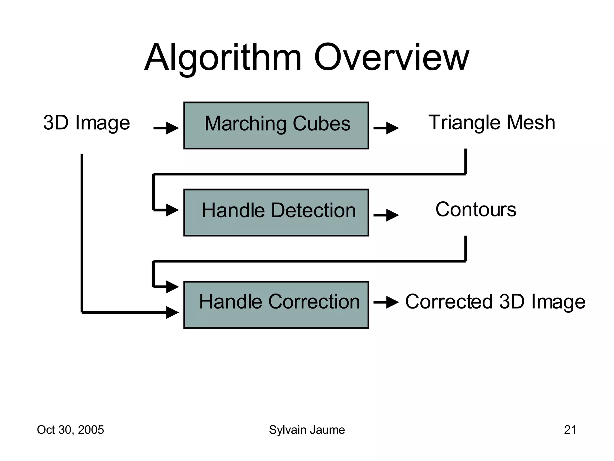 Algorithm Overview Marching Cubes Handle Detection Handle Correction 3D Image Triangle Mesh Contours Corrected 3D Image 