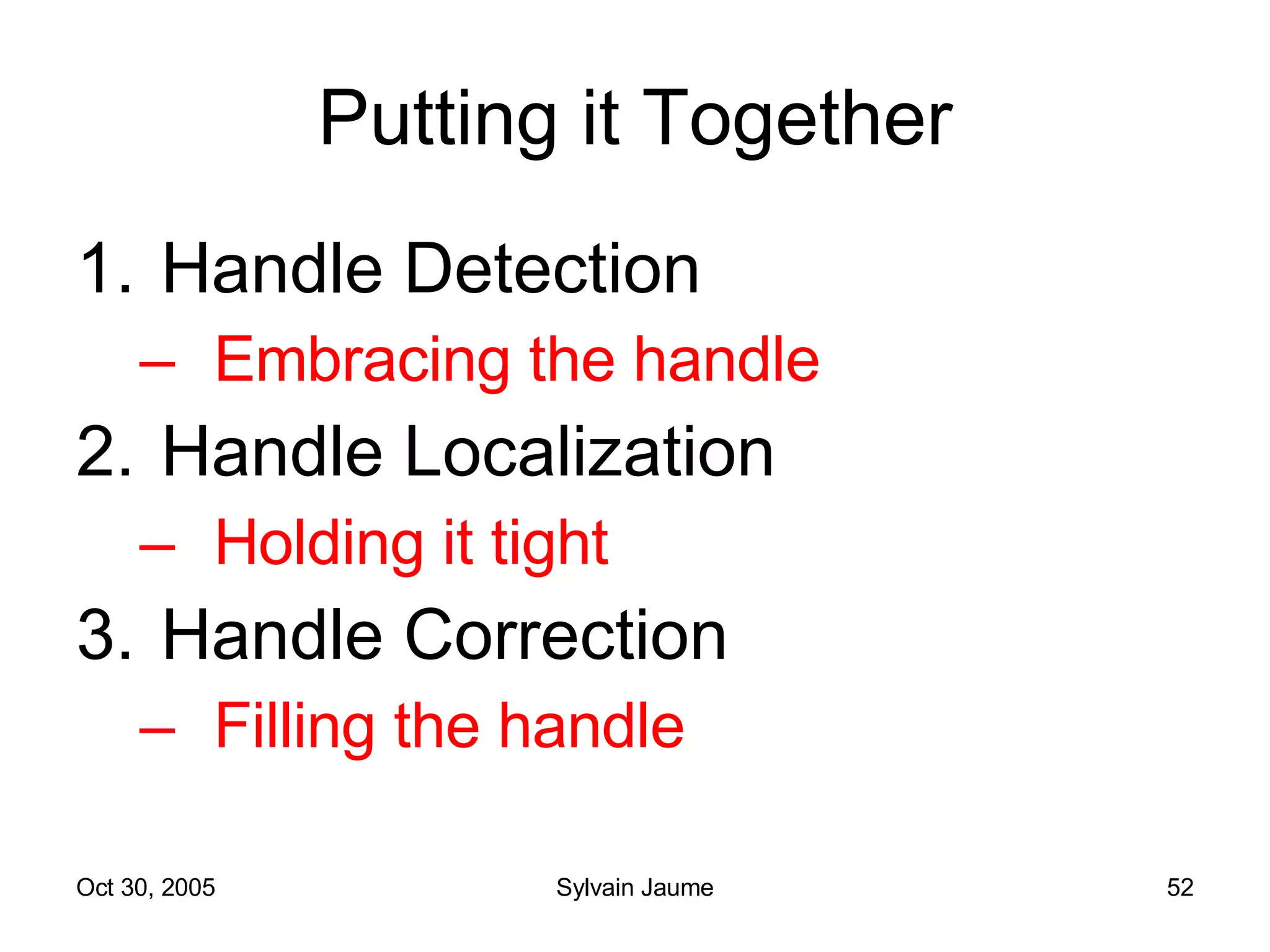 Putting it Together Handle Detection Embracing the handle Handle Localization Holding it tight Handle Correction Filling the handle 