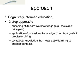 approach Cognitively informed education 3 step approach: encoding of declarative knowledge (e.g., facts and principles)  application of procedural knowledge to achieve goals in problem solving  contextual knowledge that helps apply learning to broader contexts.  