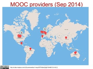 MOOC providers (Sep 2014) 
26 
8 
5 
http://a.tiles.mapbox.com/v3/uvanianaidoo1.map-b815u9pe/page.html#2/12.4/-42.2 
 