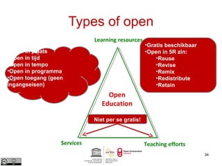 Types of open 
34 
Learning resources 
Open 
Education 
•Gratis beschikbaar 
•Open in 5R zin: 
•Reuse 
•Revise 
•Remix 
•Redistribute 
•Retain 
•Open in plaats 
•Open in tijd 
•Open in tempo 
•Open in programma 
•Open toegang (geen 
ingangseisen) 
Niet per se gratis! 
Services Teaching efforts 
 