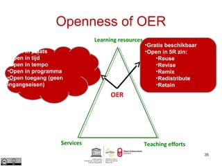 Openness of OER 
35 
Learning resources 
•Gratis beschikbaar 
•Open in 5R zin: 
•Reuse 
•Revise 
•Remix 
•Redistribute 
•Retain 
•Open in plaats 
•Open in tijd 
•Open in tempo 
•Open in programma 
•Open toegang (geen 
ingangseisen) 
OER 
Services Teaching efforts 
 