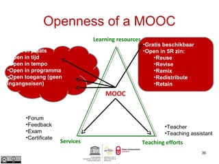 Openness of a MOOC 
36 
Learning resources 
•Gratis beschikbaar 
•Open in 5R zin: 
•Reuse 
•Revise 
•Remix 
•Redistribute 
•Retain 
•Open in plaats 
•Open in tijd 
•Open in tempo 
•Open in programma 
•Open toegang (geen 
ingangseisen) 
MOOC 
Services Teaching efforts 
•Forum 
•Feedback 
•Exam 
•Certificate 
•Teacher 
•Teaching assistant 
 