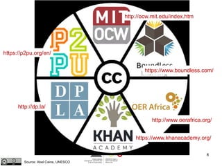 8 
https://p2pu.org/en/ 
http://dp.la/ 
Source: Abel Caine, UNESCO 
http://ocw.mit.edu/index.htm 
https://www.boundless.com/ 
http://www.oerafrica.org/ 
https://www.khanacademy.org/ 
 